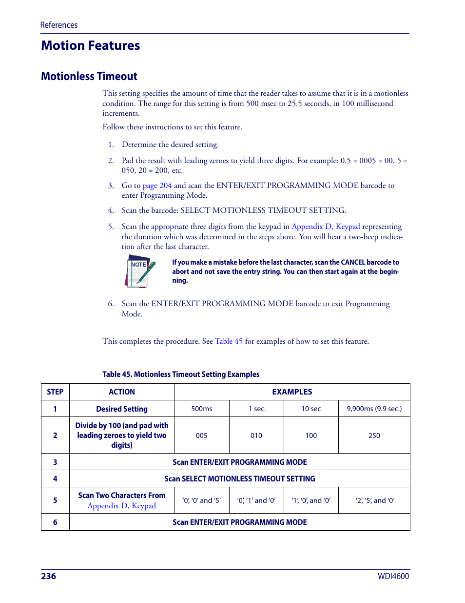 Motion features, Motionless timeout, In references | Otion, Eatures | Wasp Barcode WDI4600 2D Product Reference Guide User Manual | Page 246 / 284