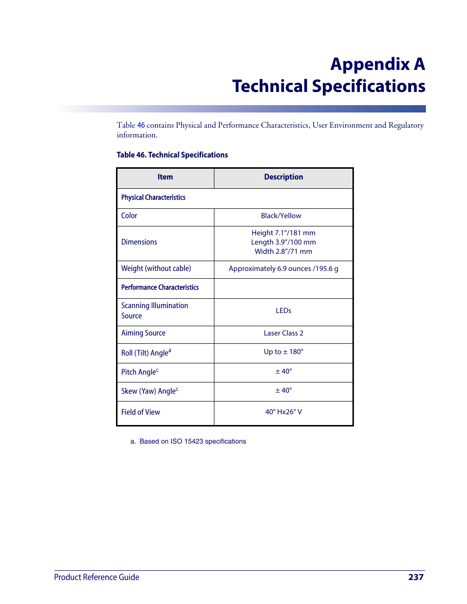 Technical specifications, Appendix a technical specifications | Wasp Barcode WDI4600 2D Product Reference Guide User Manual | Page 247 / 284