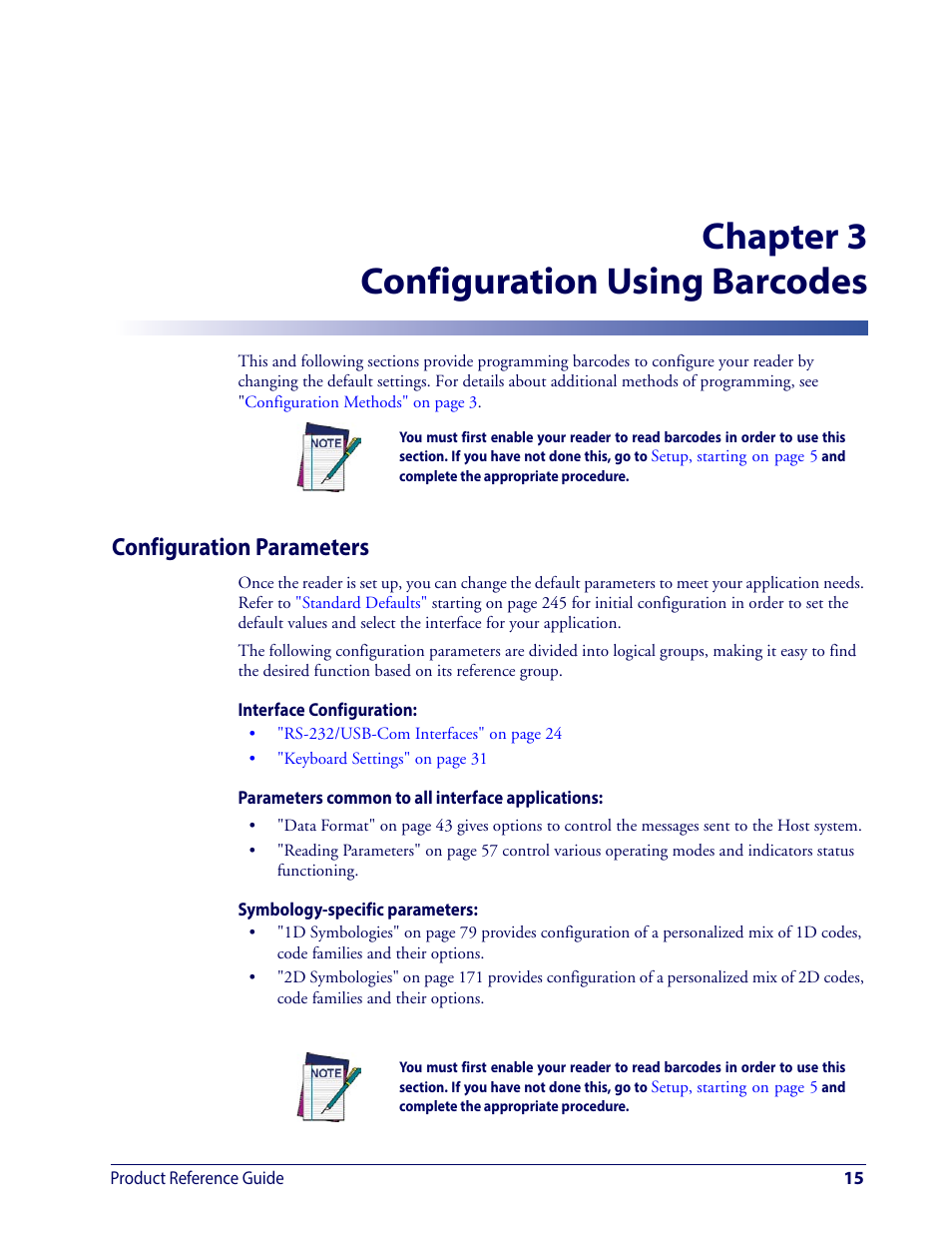 Configuration using barcodes, Configuration parameters, Chapter 3, configuration using barcodes | Provides instructions and ba, Chapter 3 configuration using barcodes | Wasp Barcode WDI4600 2D Product Reference Guide User Manual | Page 25 / 284