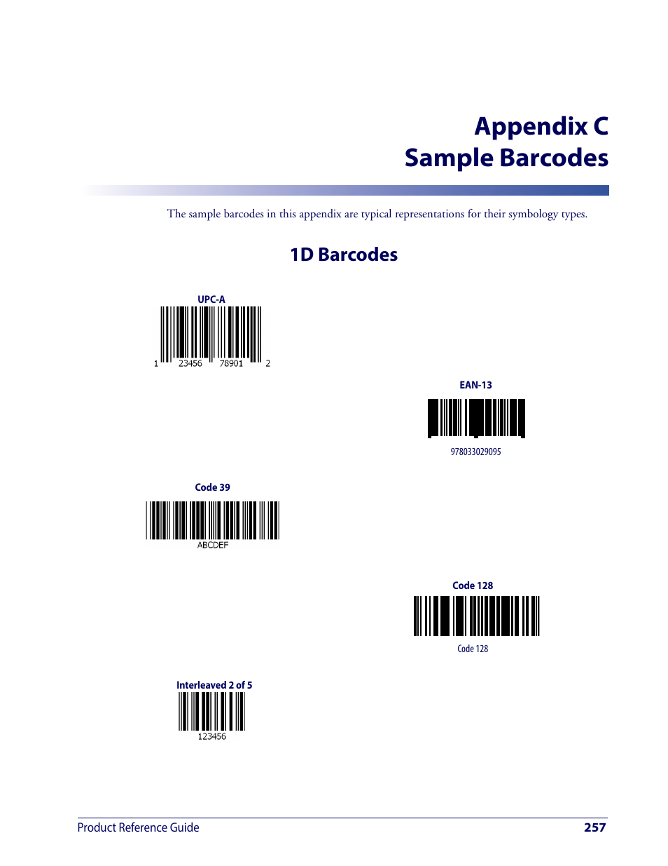 Sample barcodes, Appendix c sample barcodes, 1d barcodes | Wasp Barcode WDI4600 2D Product Reference Guide User Manual | Page 267 / 284