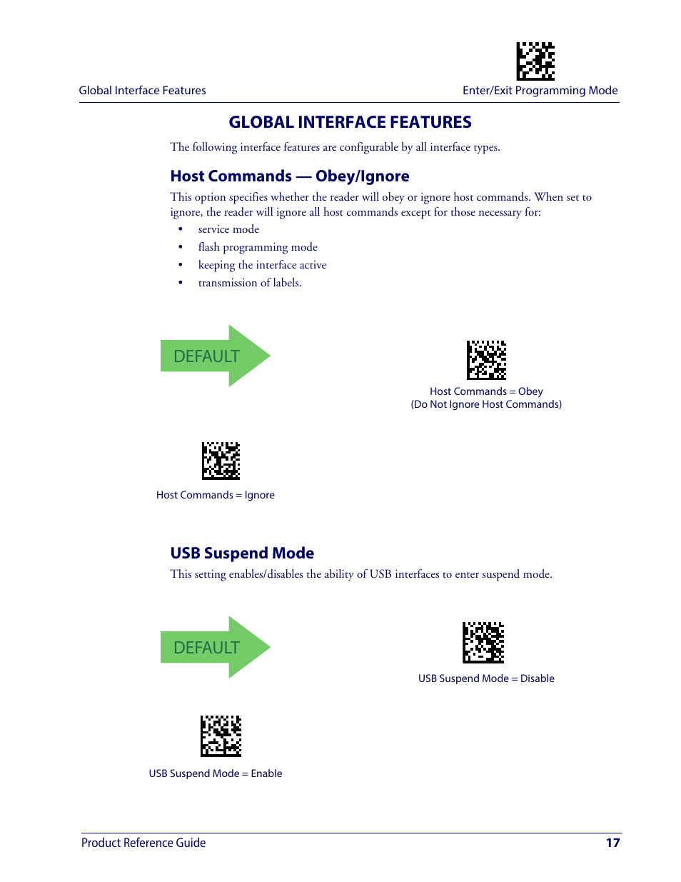 Global interface features, Host commands — obey/ignore, Usb suspend mode | Host commands — obey/ignore usb suspend mode, Default, Product reference guide 17 | Wasp Barcode WDI4600 2D Product Reference Guide User Manual | Page 27 / 284