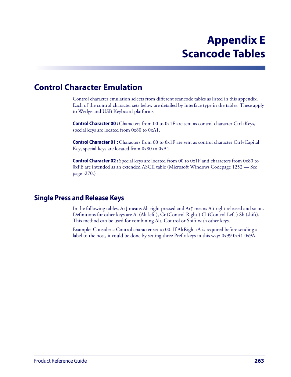 Scancode tables, Control character emulation, Single press and release keys | Listed in, Appendix e, scancode tables, Appendix e scancode tables | Wasp Barcode WDI4600 2D Product Reference Guide User Manual | Page 273 / 284