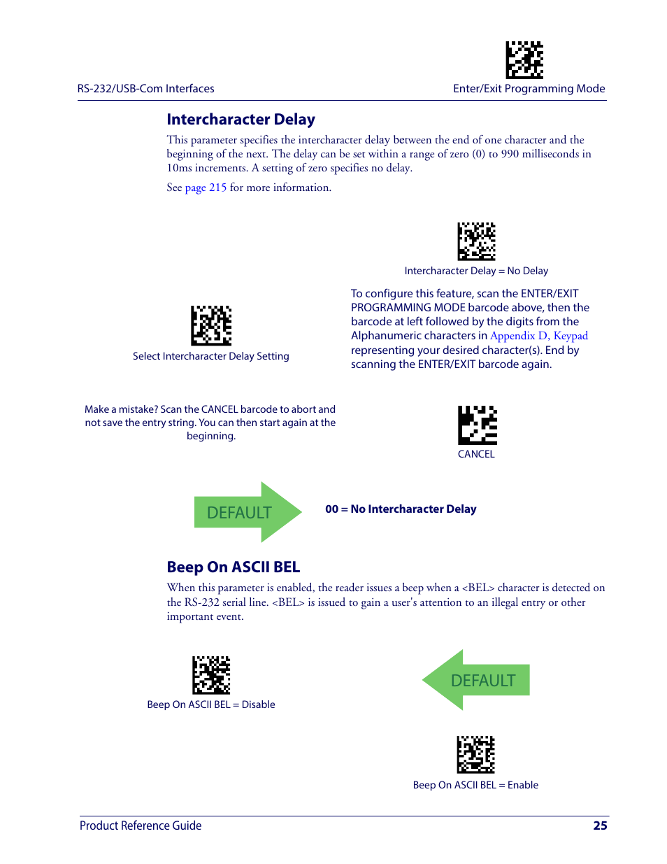 Intercharacter delay, Beep on ascii bel, Intercharacter delay beep on ascii bel | Ntercharacter, Elay, Ascii bel, Default | Wasp Barcode WDI4600 2D Product Reference Guide User Manual | Page 35 / 284