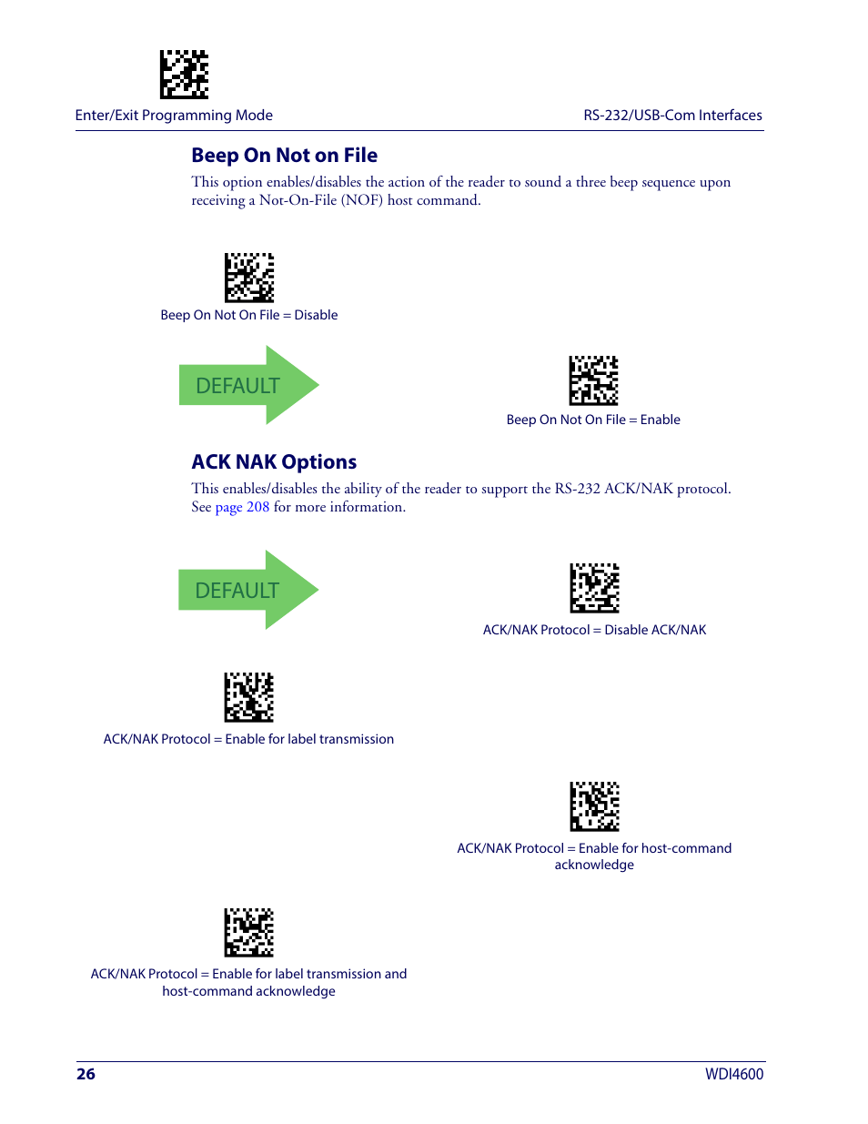 Beep on not on file, Ack nak options, Beep on not on file ack nak options | Ack nak o, Ptions, Default | Wasp Barcode WDI4600 2D Product Reference Guide User Manual | Page 36 / 284