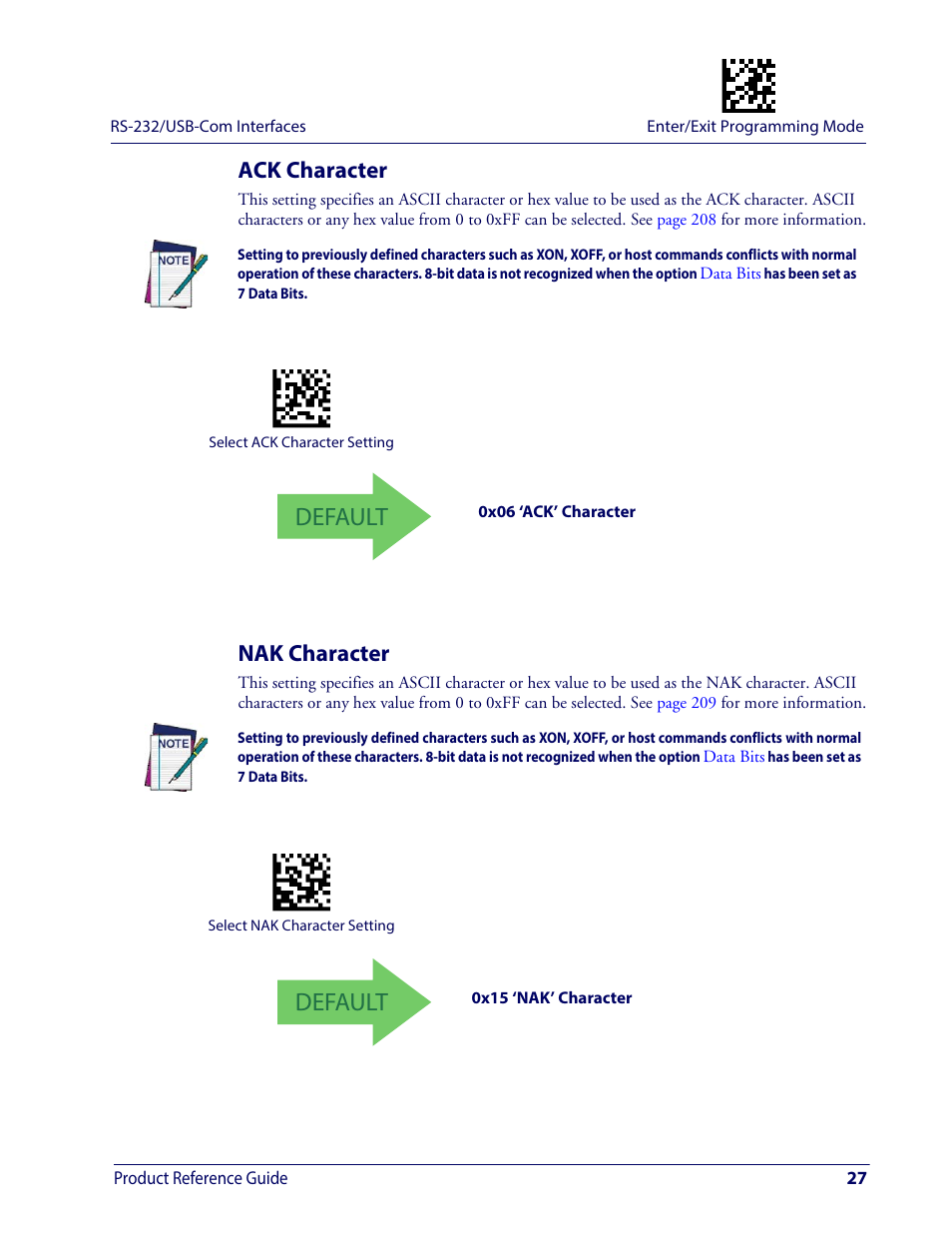 Ack character, Nak character, Ack character nak character | Ack c, Haracter, Nak c, Default | Wasp Barcode WDI4600 2D Product Reference Guide User Manual | Page 37 / 284