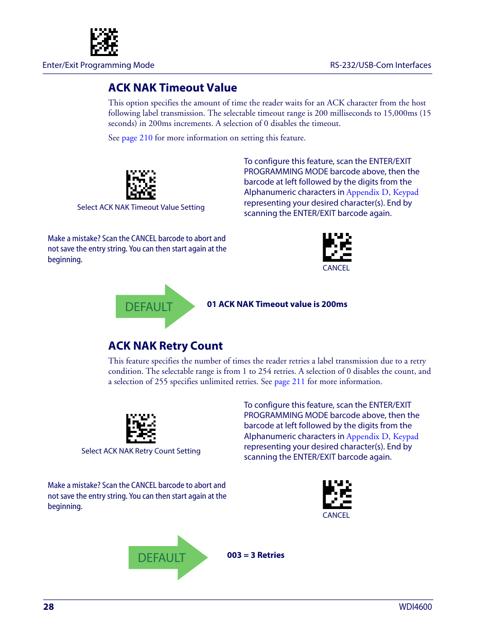 Ack nak timeout value, Ack nak retry count, Ack nak timeout value ack nak retry count | Ack nak t, Imeout, Alue, Ack nak r, Etry, Ount, Default | Wasp Barcode WDI4600 2D Product Reference Guide User Manual | Page 38 / 284