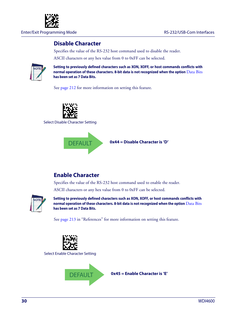 Disable character, Enable character, Disable character enable character | Isable, Haracter, Nable, Default | Wasp Barcode WDI4600 2D Product Reference Guide User Manual | Page 40 / 284