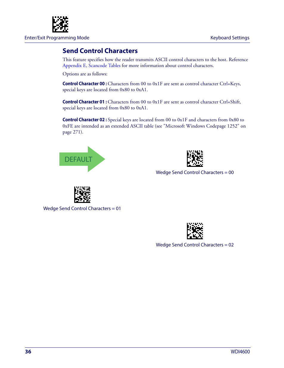 Send control characters, Ontrol, Haracters | Default | Wasp Barcode WDI4600 2D Product Reference Guide User Manual | Page 46 / 284