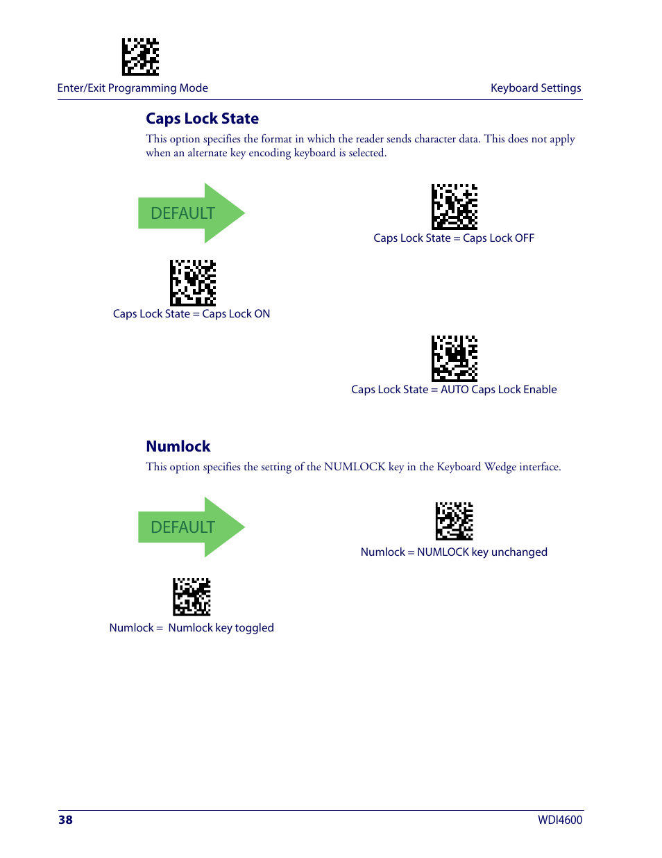 Caps lock state, Numlock, Caps lock state numlock | Tate, Umlock, Default | Wasp Barcode WDI4600 2D Product Reference Guide User Manual | Page 48 / 284