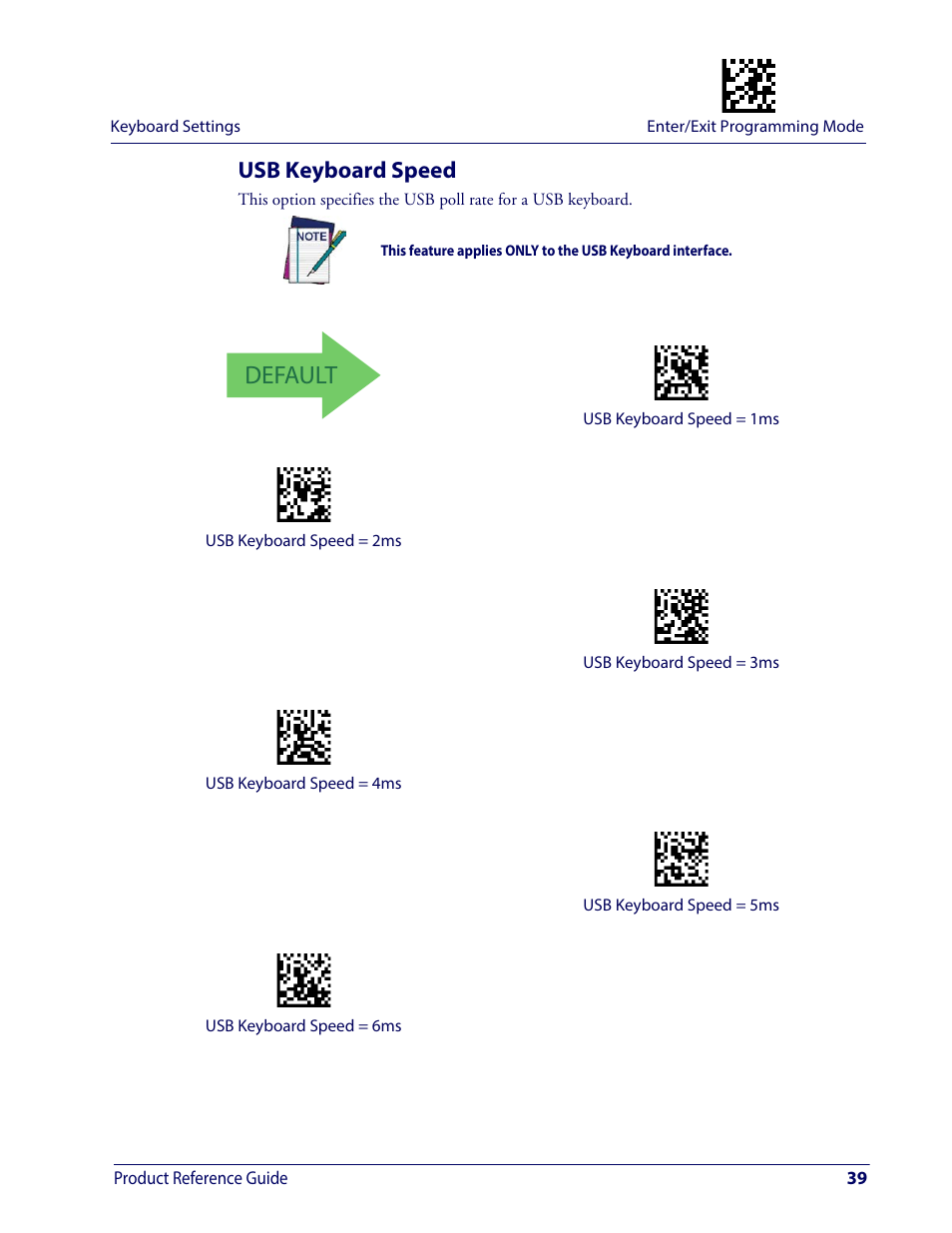 Usb keyboard speed, Usb k, Eyboard | Peed, Default | Wasp Barcode WDI4600 2D Product Reference Guide User Manual | Page 49 / 284