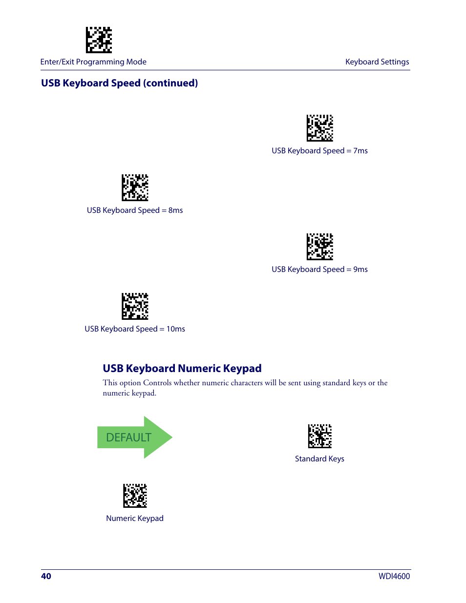 Usb keyboard numeric keypad, Usb k, Eyboard | Umeric, Eypad, Default, Usb keyboard speed (continued) | Wasp Barcode WDI4600 2D Product Reference Guide User Manual | Page 50 / 284