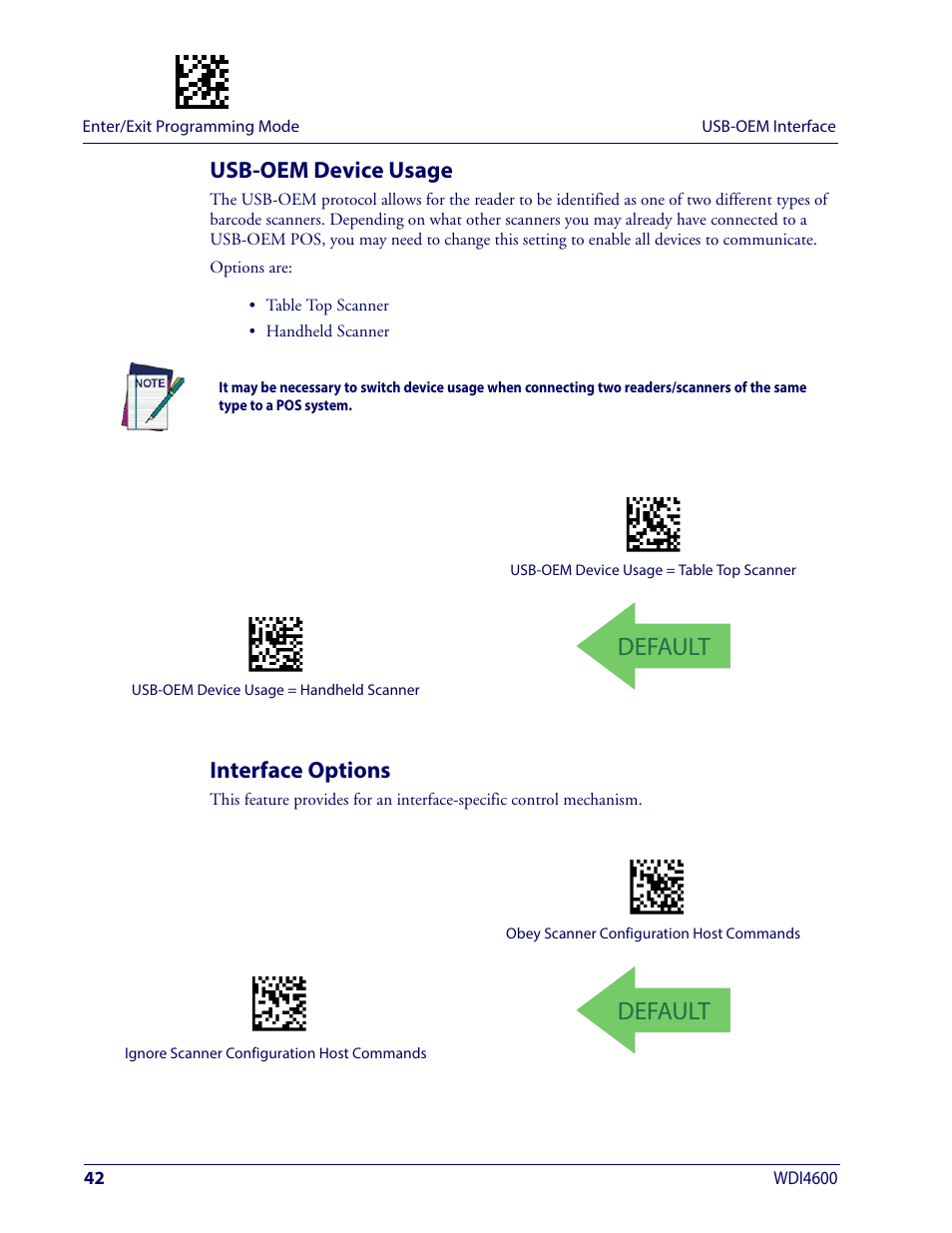 Usb-oem device usage, Interface options, Usb-oem device usage interface options | Usb-oem d, Evice, Sage, Nterface, Ptions, Default | Wasp Barcode WDI4600 2D Product Reference Guide User Manual | Page 52 / 284