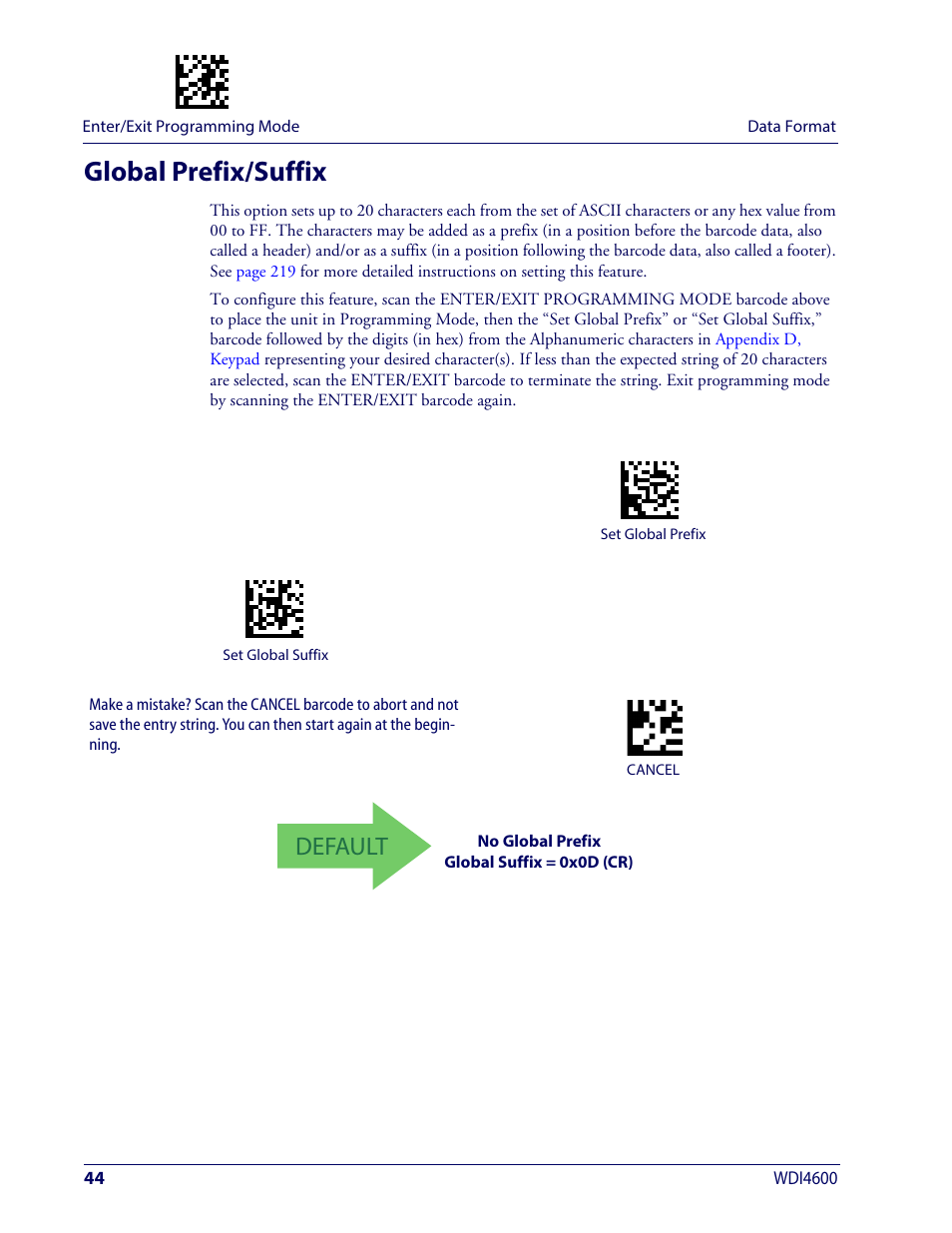 Global prefix/suffix, Lobal, Refix | Uffix, Default | Wasp Barcode WDI4600 2D Product Reference Guide User Manual | Page 54 / 284