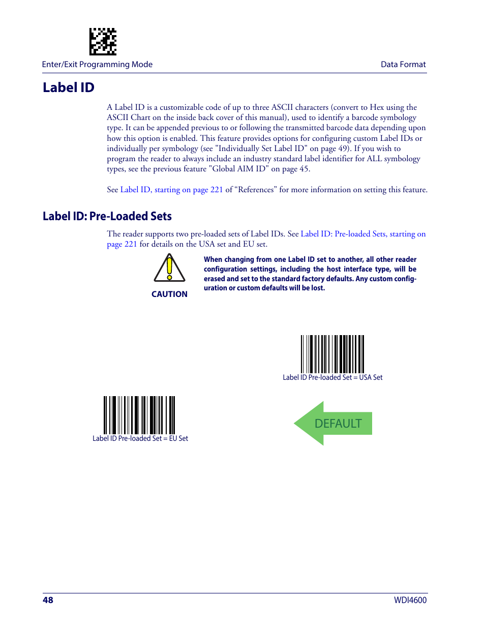 Label id, Label id: pre-loaded sets, Abel | Default | Wasp Barcode WDI4600 2D Product Reference Guide User Manual | Page 58 / 284