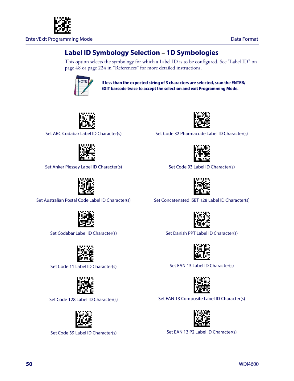 Label id symbology selection − 1d symbologies, Label id symbology selection • 1d symbologies, Rn to | Label id, Label id symbology selection, 1d symbologies | Wasp Barcode WDI4600 2D Product Reference Guide User Manual | Page 60 / 284