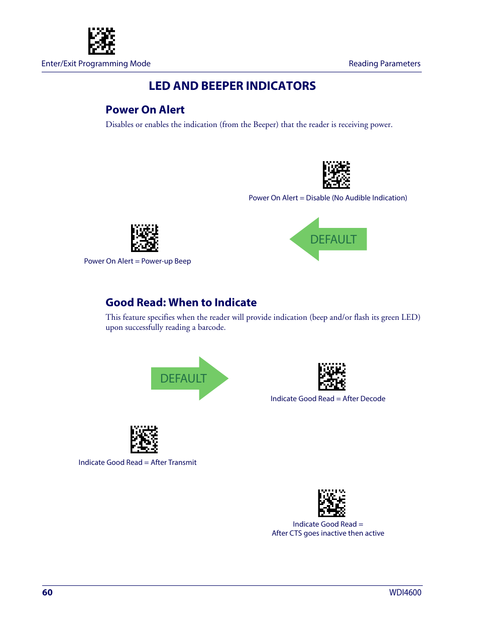 Led and beeper indicators, Power on alert, Good read: when to indicate | Power on alert good read: when to indicate, Eeper, Ndicators, Default | Wasp Barcode WDI4600 2D Product Reference Guide User Manual | Page 70 / 284