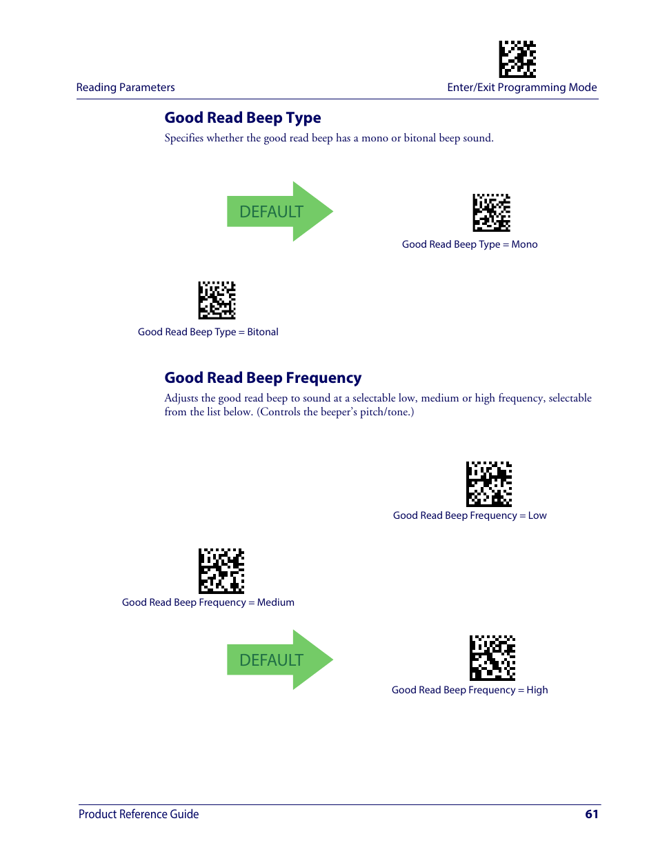 Good read beep type, Good read beep frequency, Good read beep type good read beep frequency | Default, Product reference guide 61 | Wasp Barcode WDI4600 2D Product Reference Guide User Manual | Page 71 / 284