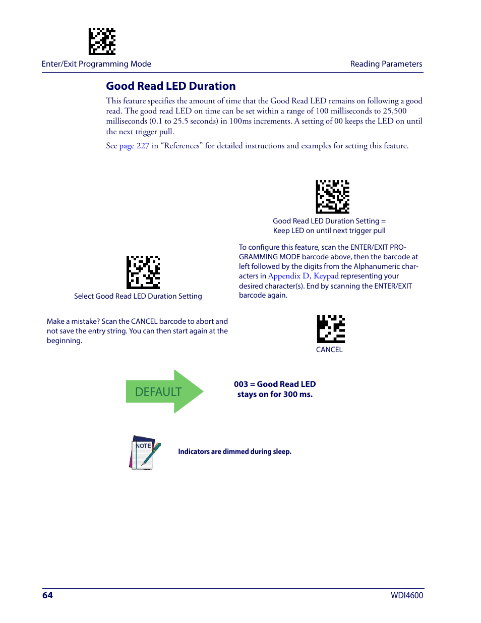Good read led duration, Default | Wasp Barcode WDI4600 2D Product Reference Guide User Manual | Page 74 / 284