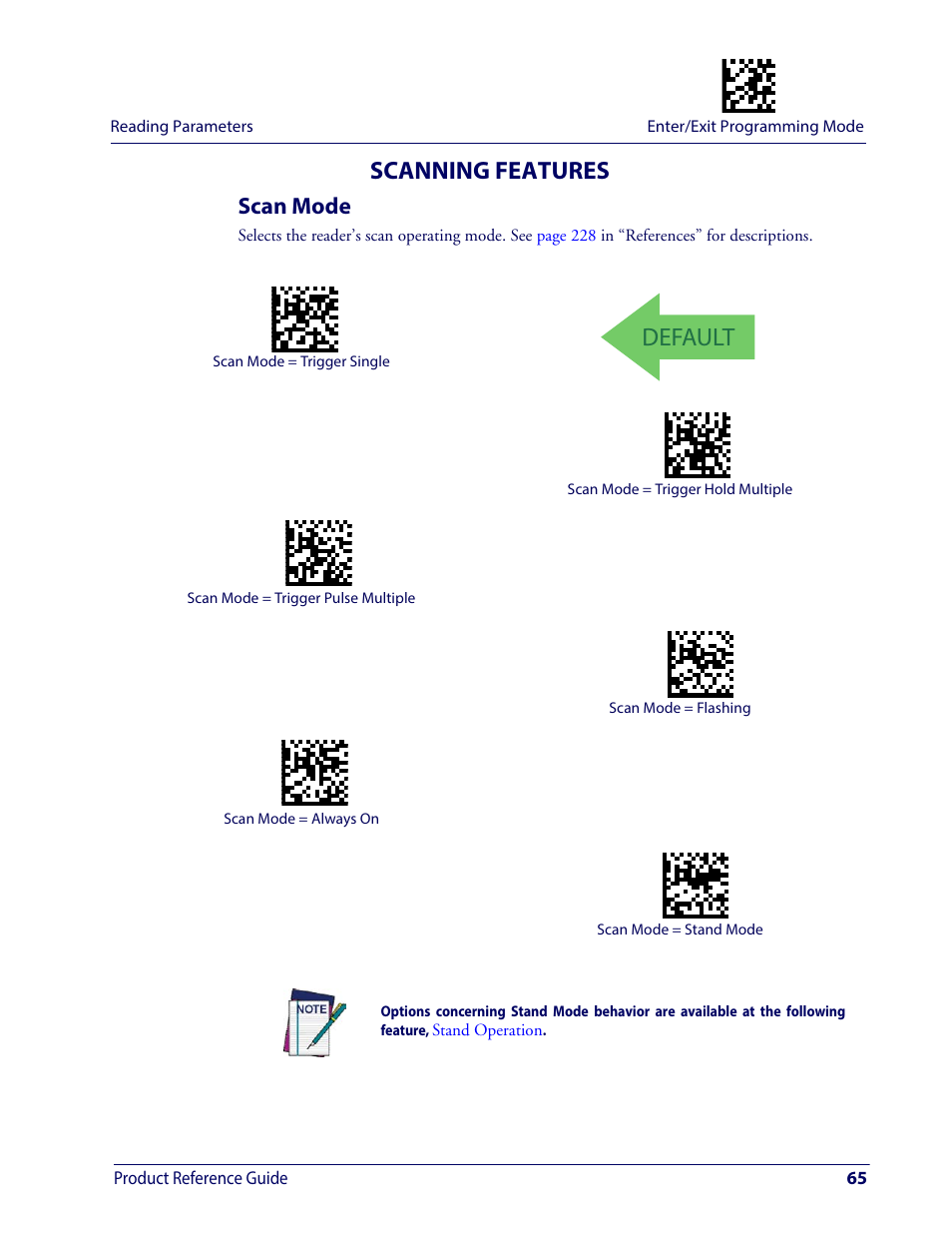 Scanning features, Scan mode, Canning | Eatures, Default, Product reference guide 65 | Wasp Barcode WDI4600 2D Product Reference Guide User Manual | Page 75 / 284