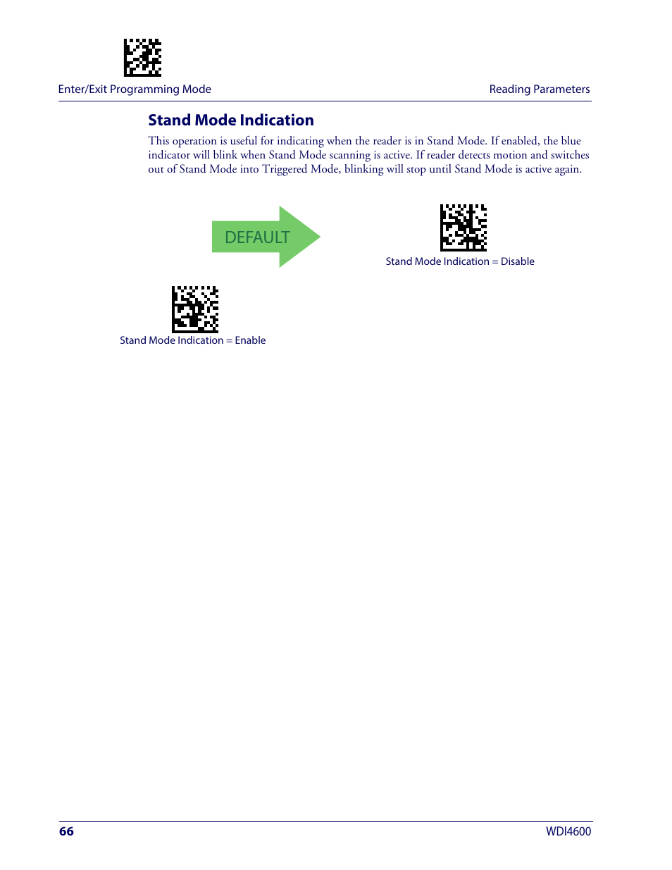 Stand mode indication, Default | Wasp Barcode WDI4600 2D Product Reference Guide User Manual | Page 76 / 284