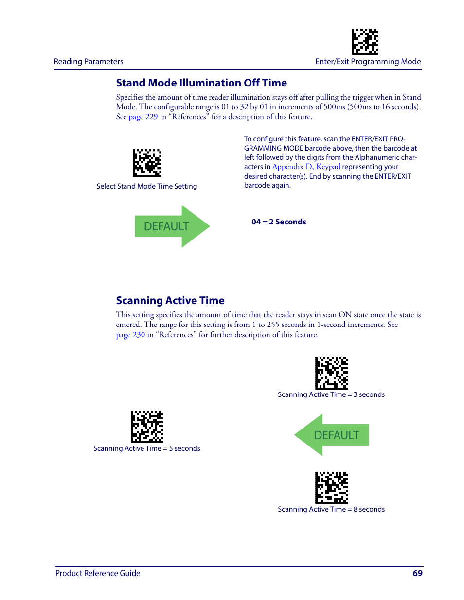 Stand mode illumination off time, Scanning active time, Default | Product reference guide 69 | Wasp Barcode WDI4600 2D Product Reference Guide User Manual | Page 79 / 284