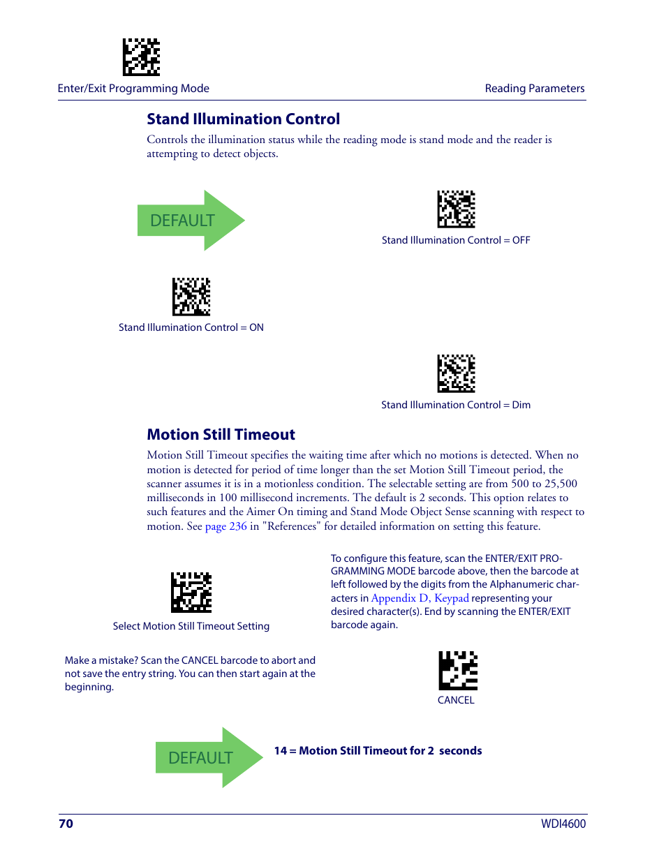 Stand illumination control, Motion still timeout, Stand illumination control motion still timeout | Default | Wasp Barcode WDI4600 2D Product Reference Guide User Manual | Page 80 / 284