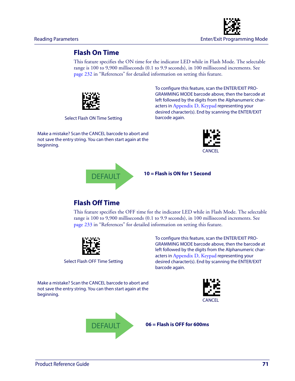 Flash on time, Flash off time, Flash on time flash off time | Default, Product reference guide 71 | Wasp Barcode WDI4600 2D Product Reference Guide User Manual | Page 81 / 284