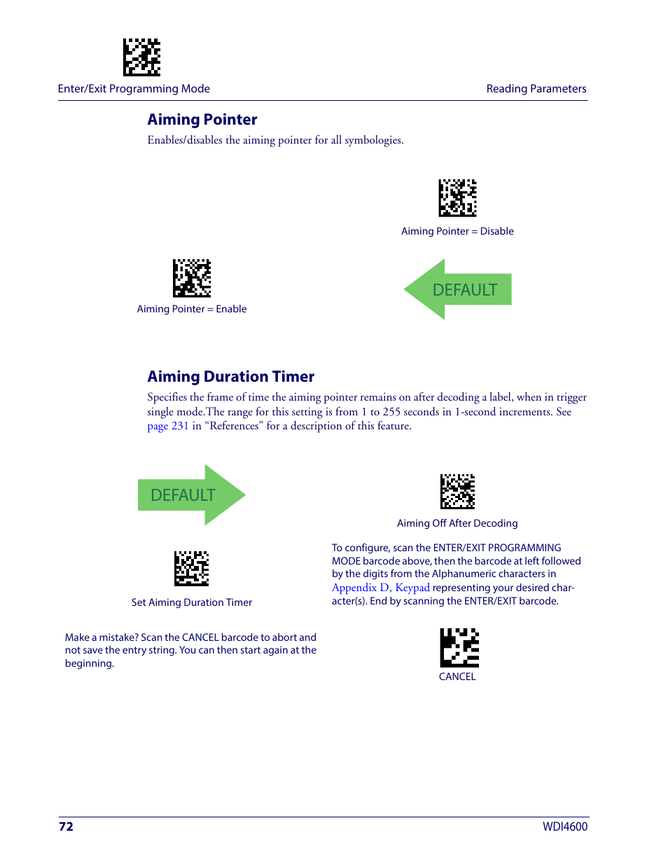 Aiming pointer, Aiming duration timer, Aiming pointer aiming duration timer | Default | Wasp Barcode WDI4600 2D Product Reference Guide User Manual | Page 82 / 284