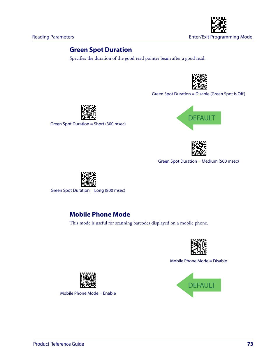 Green spot duration, Mobile phone mode, Green spot duration mobile phone mode | Default | Wasp Barcode WDI4600 2D Product Reference Guide User Manual | Page 83 / 284