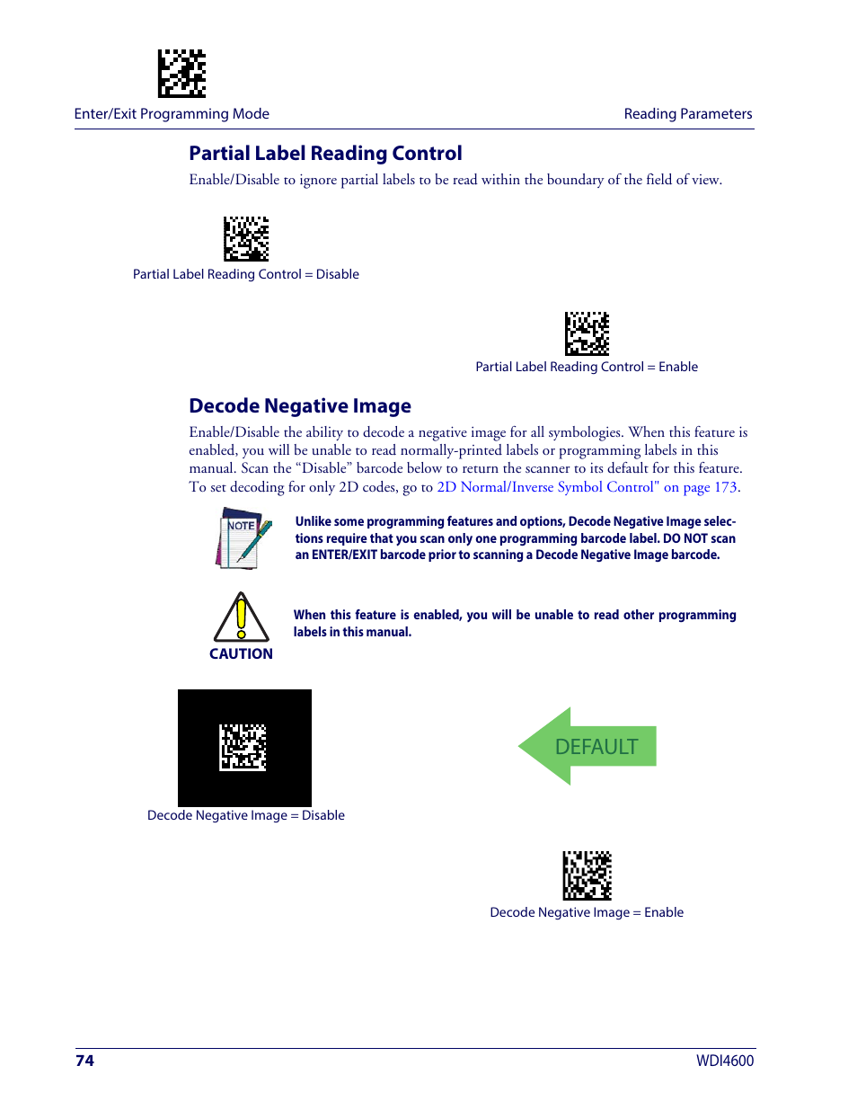 Partial label reading control, Decode negative image, Default | Wasp Barcode WDI4600 2D Product Reference Guide User Manual | Page 84 / 284