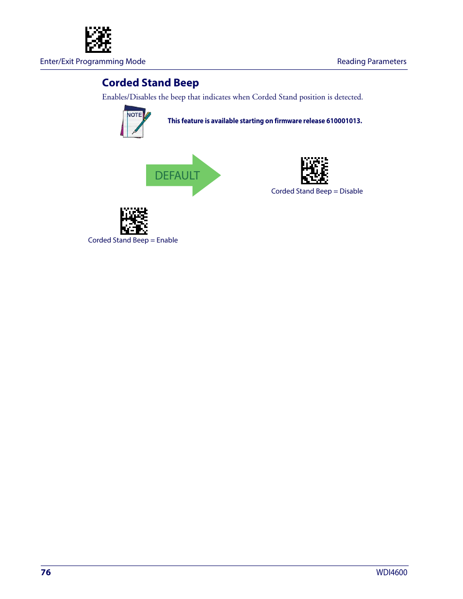 Corded stand beep, Default | Wasp Barcode WDI4600 2D Product Reference Guide User Manual | Page 86 / 284
