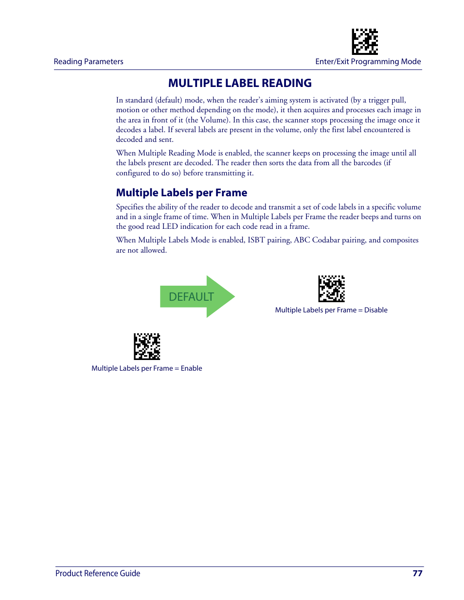 Multiple label reading, Multiple labels per frame, Ultiple | Abel, Eading, Default | Wasp Barcode WDI4600 2D Product Reference Guide User Manual | Page 87 / 284