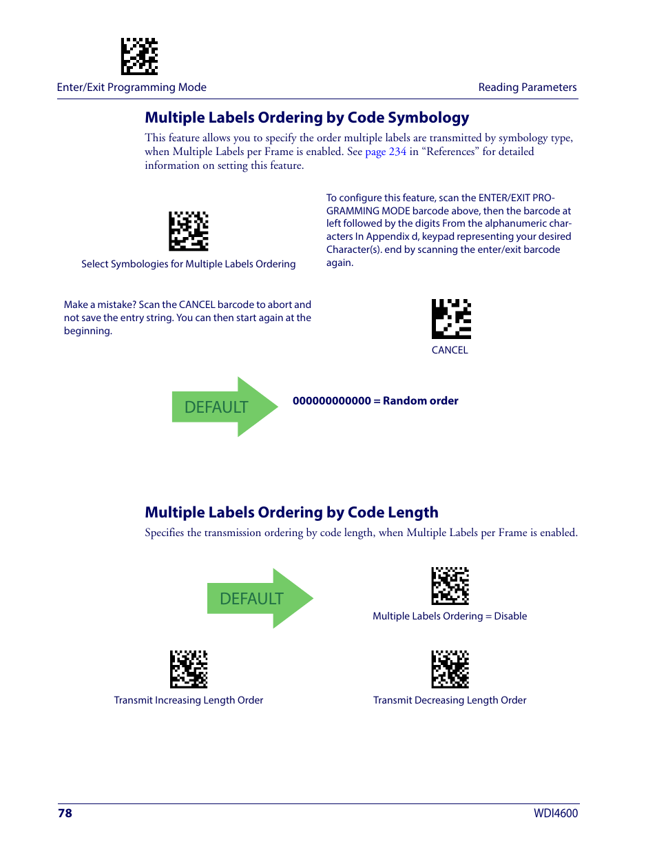 Multiple labels ordering by code symbology, Multiple labels ordering by code length, Default | Wasp Barcode WDI4600 2D Product Reference Guide User Manual | Page 88 / 284