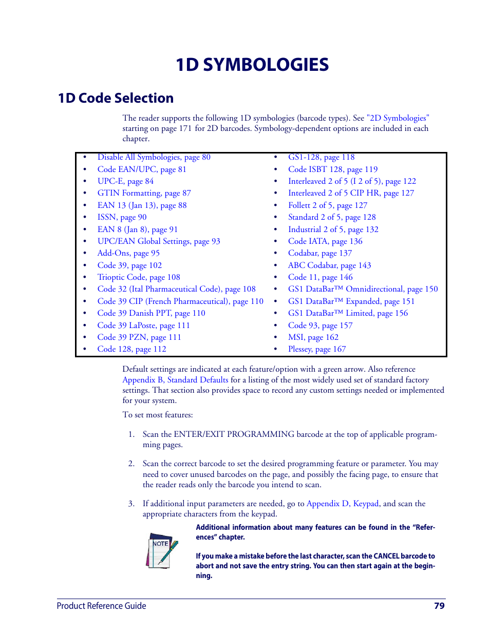 1d symbologies, 1d code selection | Wasp Barcode WDI4600 2D Product Reference Guide User Manual | Page 89 / 284
