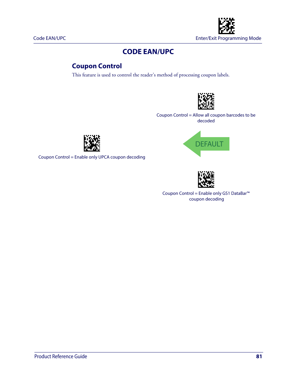 Code ean/upc, Coupon control, Default | Wasp Barcode WDI4600 2D Product Reference Guide User Manual | Page 91 / 284
