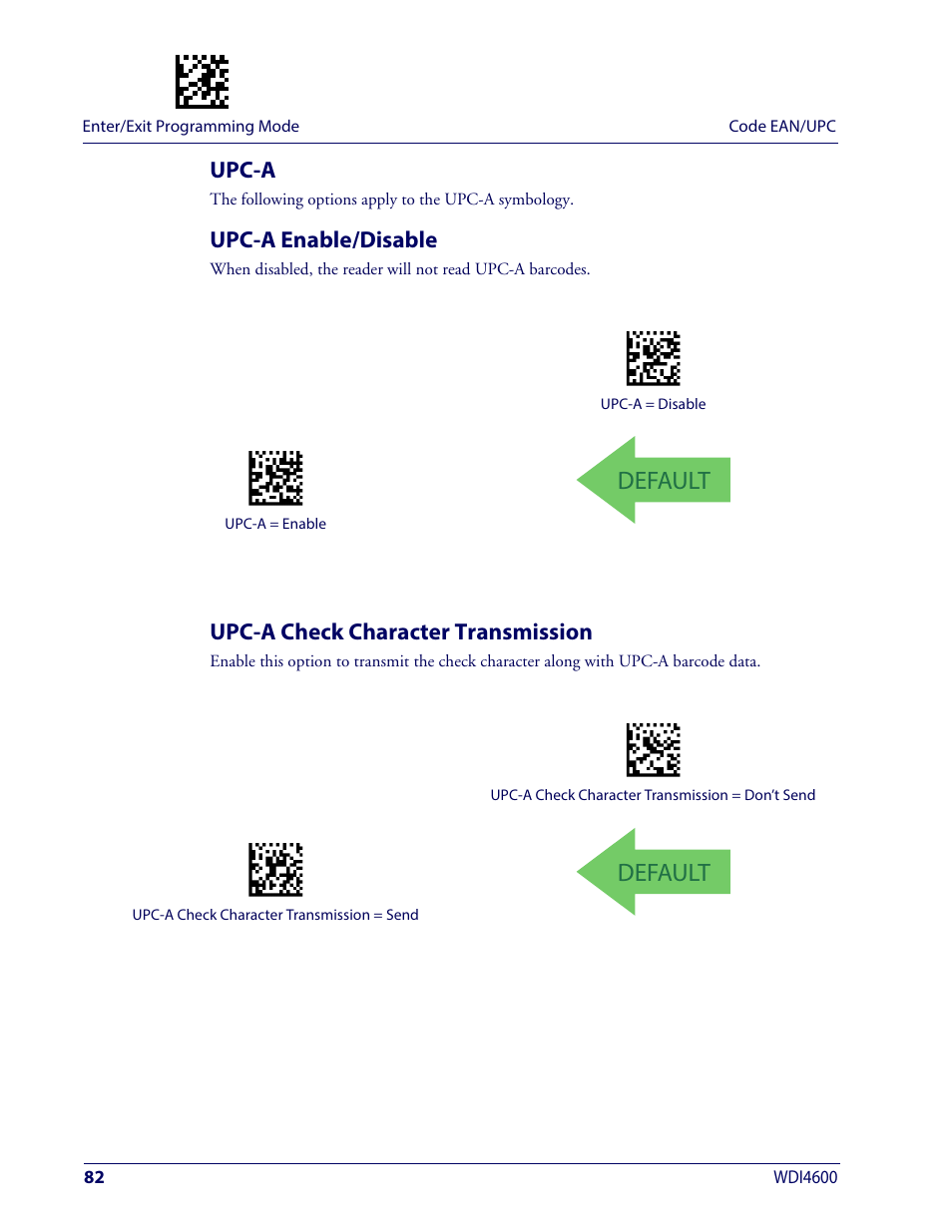 Upc-a, Upc-a enable/disable, Upc-a check character transmission | Default | Wasp Barcode WDI4600 2D Product Reference Guide User Manual | Page 92 / 284