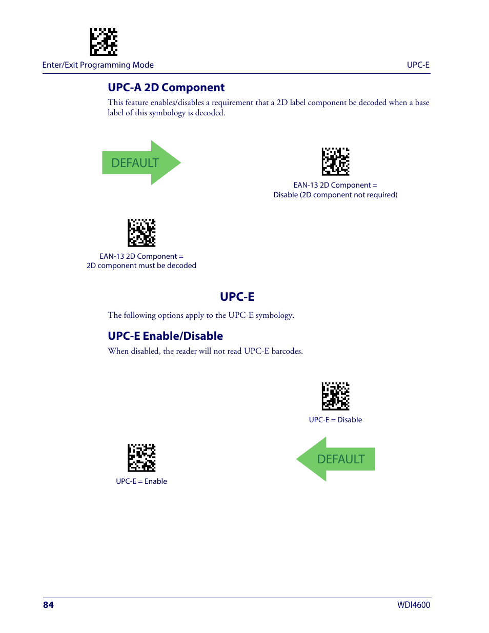 Upc-a 2d component, Upc-e, Upc-e enable/disable | Default | Wasp Barcode WDI4600 2D Product Reference Guide User Manual | Page 94 / 284