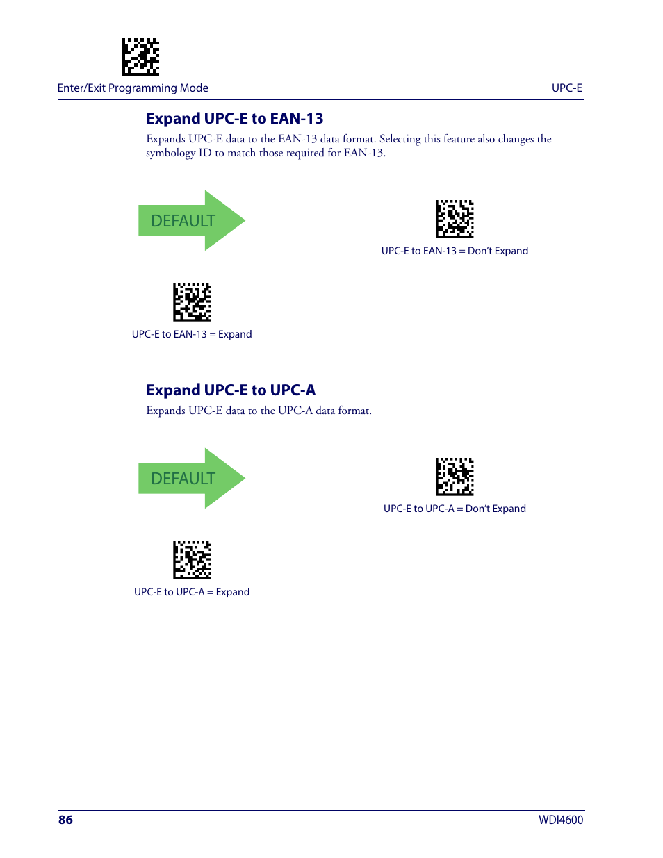 Expand upc-e to ean-13, Expand upc-e to upc-a, Expand upc-e to ean-13 expand upc-e to upc-a | Default | Wasp Barcode WDI4600 2D Product Reference Guide User Manual | Page 96 / 284