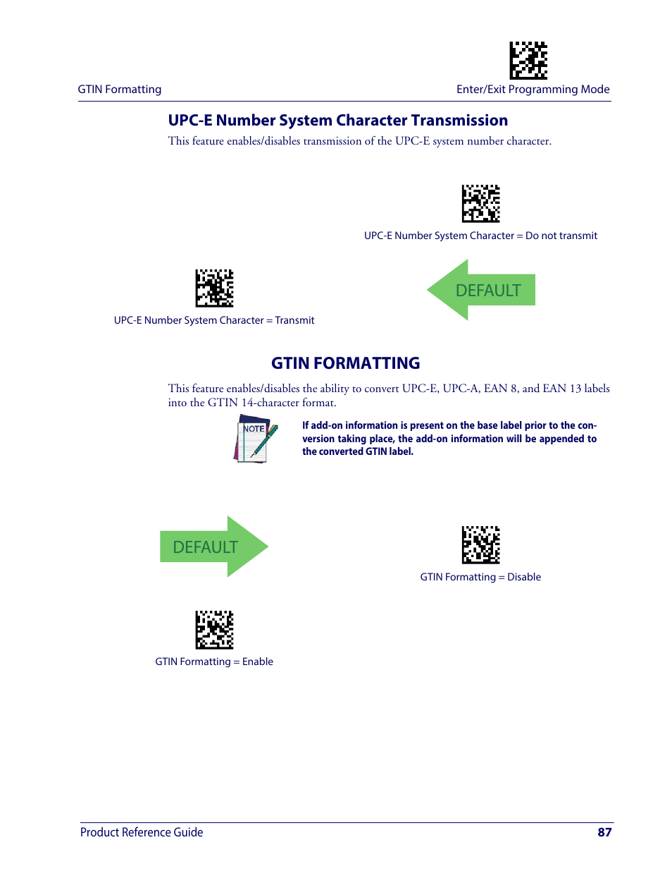 Upc-e number system character transmission, Gtin formatting, Default | Wasp Barcode WDI4600 2D Product Reference Guide User Manual | Page 97 / 284