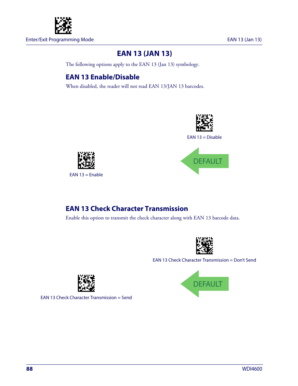 Ean 13 (jan 13), Ean 13 enable/disable, Ean 13 check character transmission | Default | Wasp Barcode WDI4600 2D Product Reference Guide User Manual | Page 98 / 284