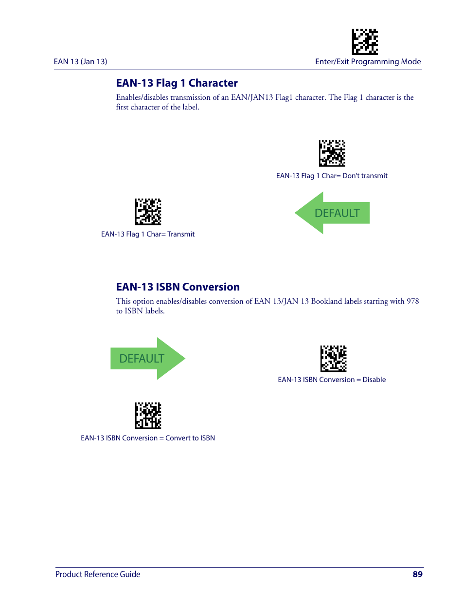 Ean-13 flag 1 character, Ean-13 isbn conversion, Ean-13 flag 1 character ean-13 isbn conversion | Default | Wasp Barcode WDI4600 2D Product Reference Guide User Manual | Page 99 / 284