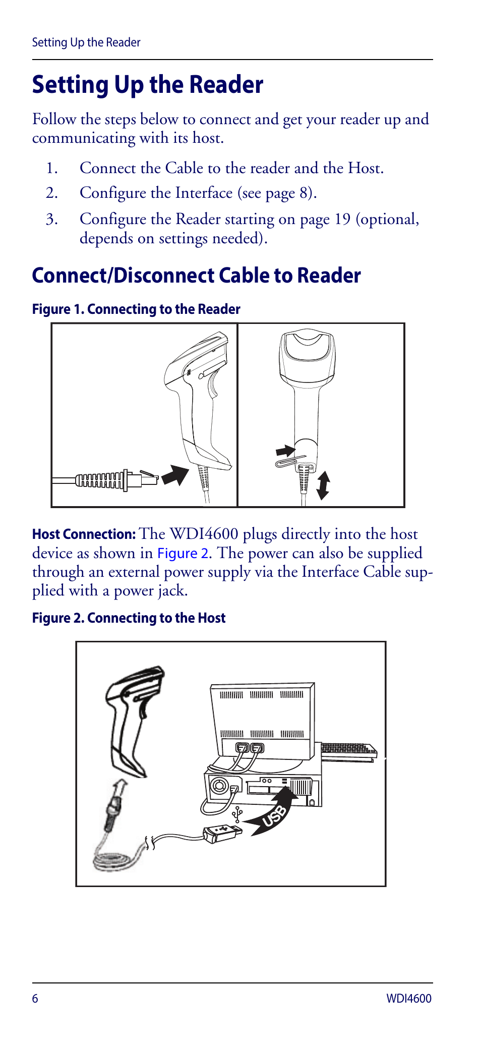 Setting up the reader, Connect/disconnect cable to reader | Wasp Barcode WDI4600 2D Quick Reference Guide User Manual | Page 10 / 48