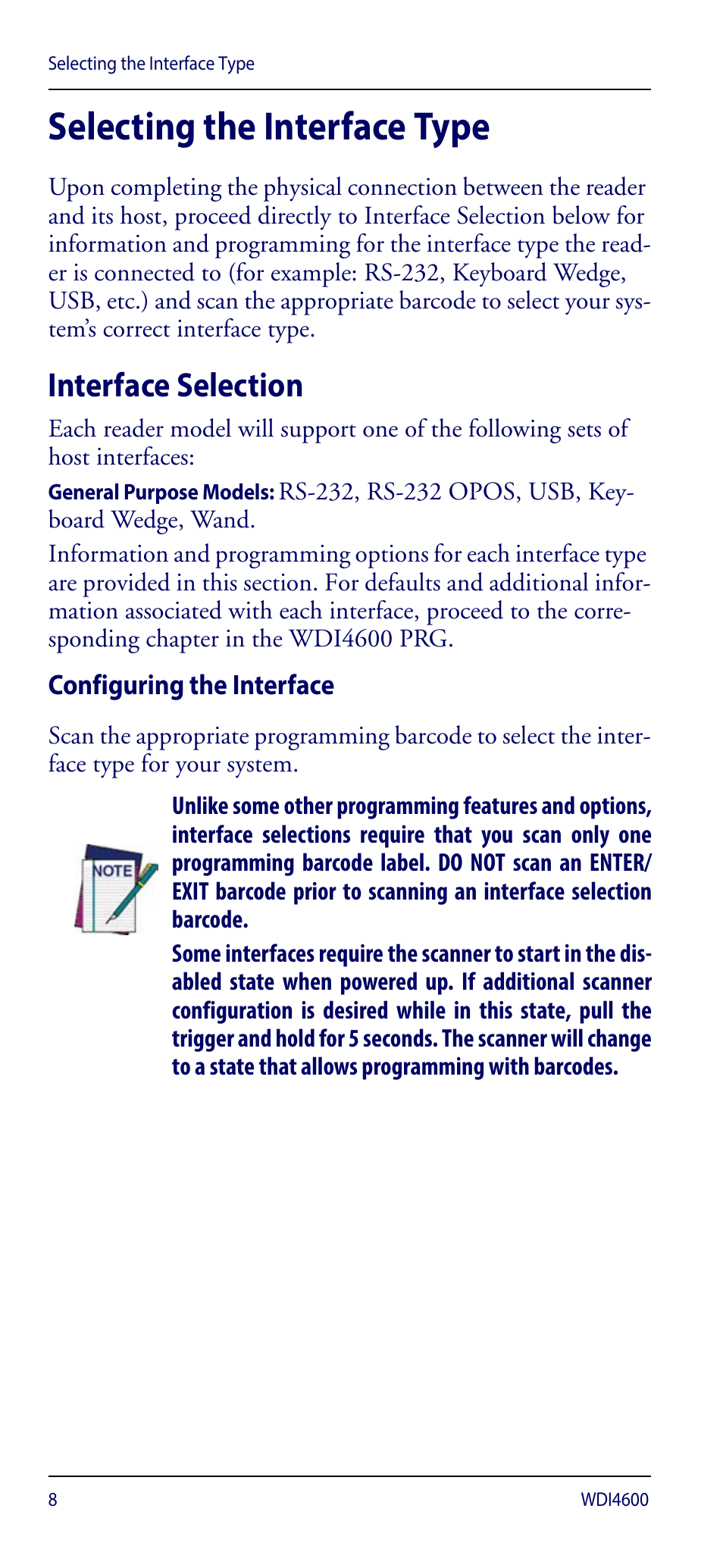 Selecting the interface type, Interface selection, Configuring the interface | Wasp Barcode WDI4600 2D Quick Reference Guide User Manual | Page 12 / 48