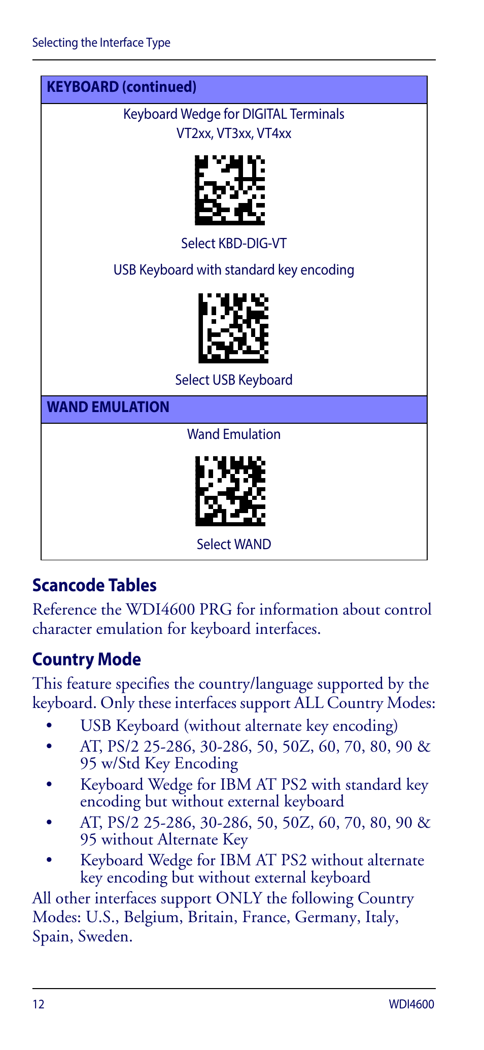 Scancode tables country mode, Scancode tables, Country mode | Keyboard (continued), Wand emulation, Wand emulation select wand | Wasp Barcode WDI4600 2D Quick Reference Guide User Manual | Page 16 / 48