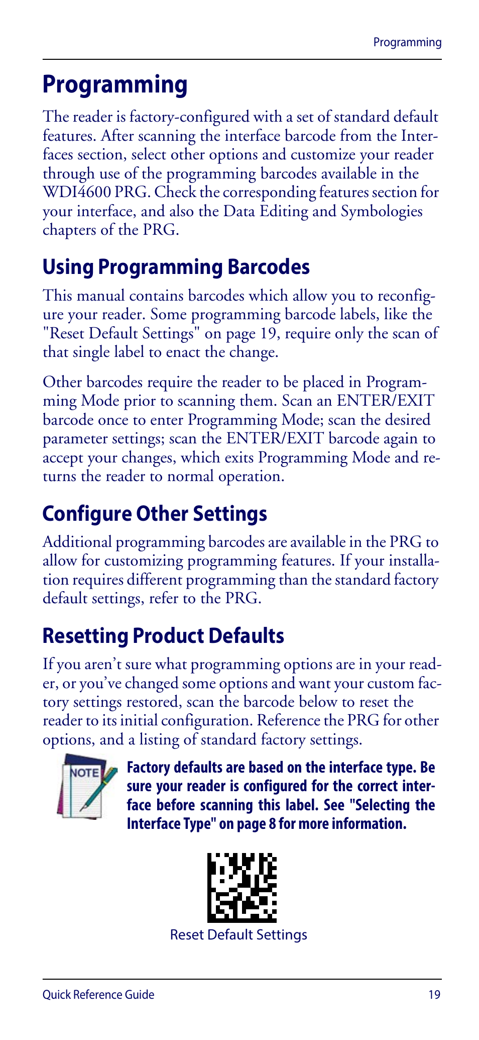Programming, Using programming barcodes, Configure other settings | Resetting product defaults | Wasp Barcode WDI4600 2D Quick Reference Guide User Manual | Page 23 / 48