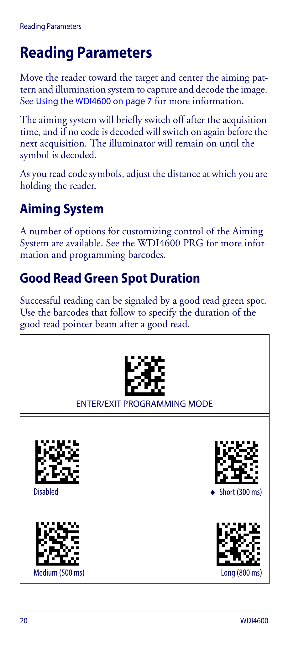 Reading parameters, Aiming system, Good read green spot duration | Aiming system good read green spot duration | Wasp Barcode WDI4600 2D Quick Reference Guide User Manual | Page 24 / 48