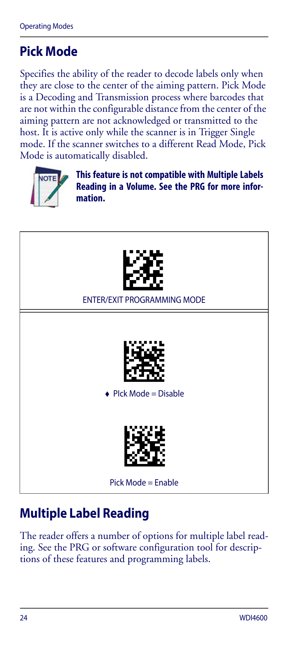 Pick mode, Multiple label reading, Pick mode multiple label reading | Wasp Barcode WDI4600 2D Quick Reference Guide User Manual | Page 28 / 48
