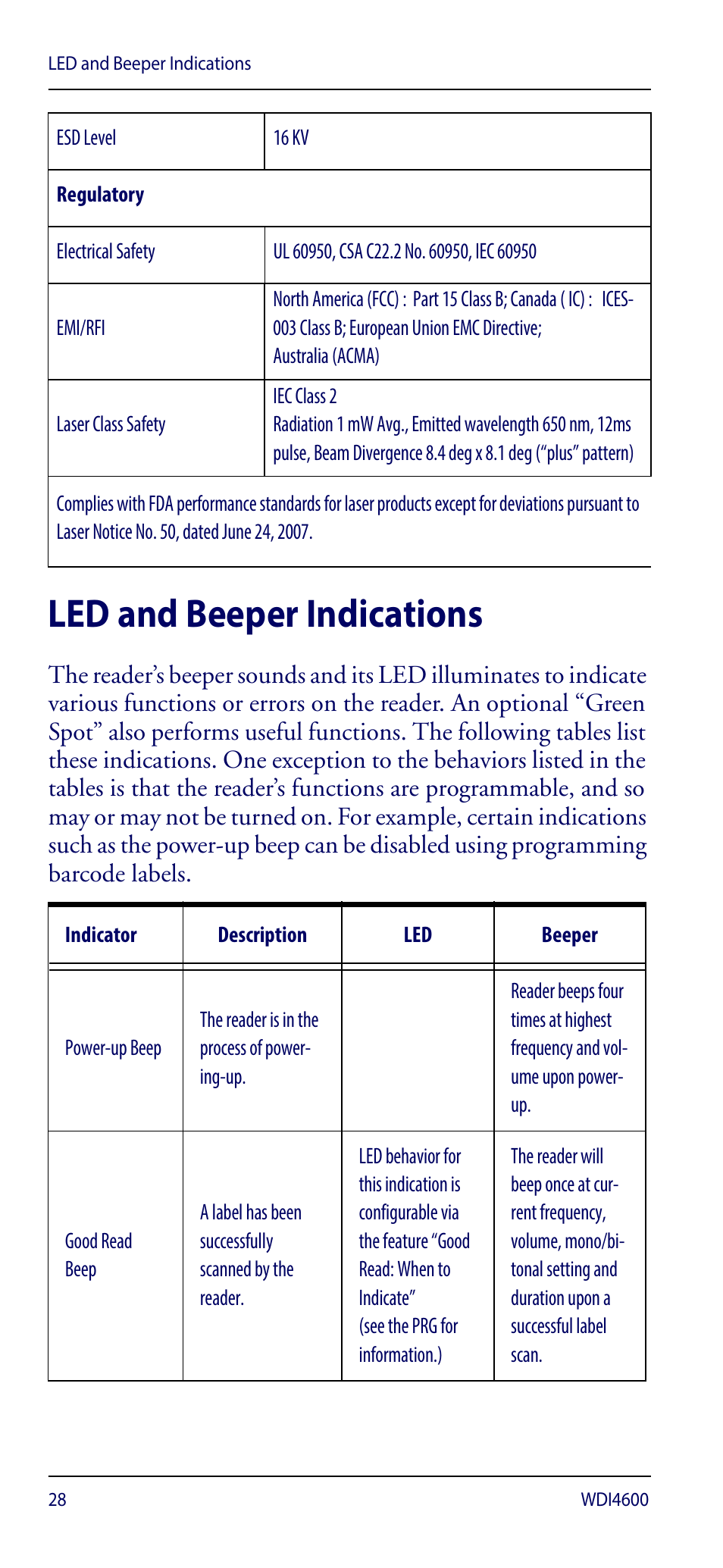 Led and beeper indications | Wasp Barcode WDI4600 2D Quick Reference Guide User Manual | Page 32 / 48