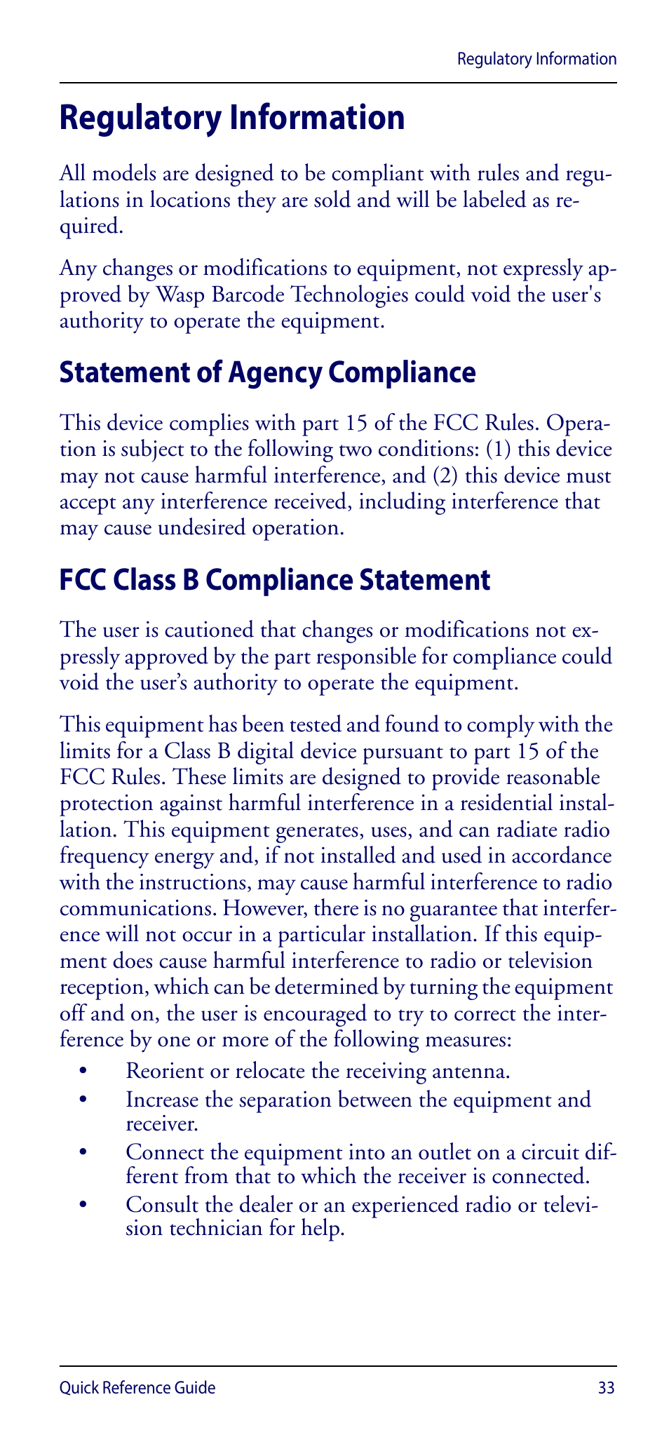 Regulatory information, Statement of agency compliance, Fcc class b compliance statement | Wasp Barcode WDI4600 2D Quick Reference Guide User Manual | Page 37 / 48