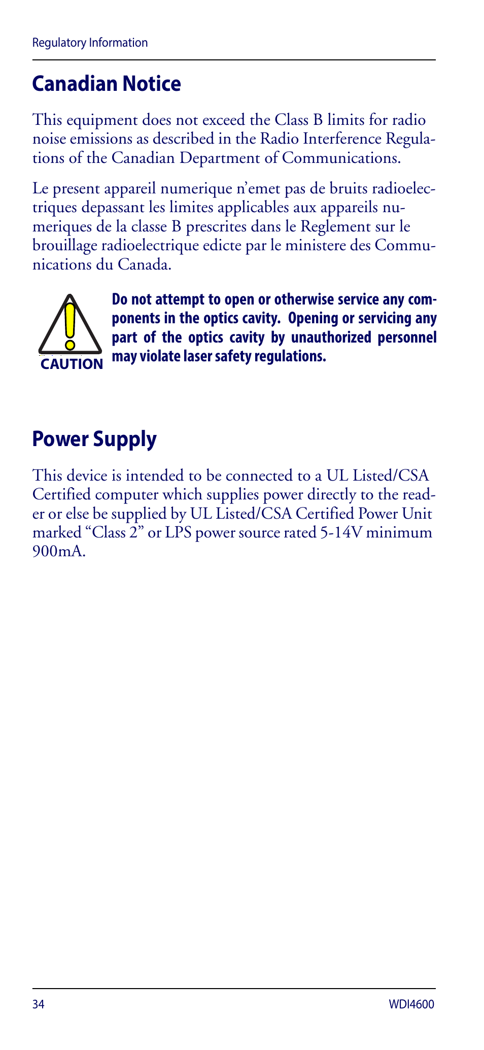 Canadian notice, Power supply, Canadian notice power supply | Wasp Barcode WDI4600 2D Quick Reference Guide User Manual | Page 38 / 48